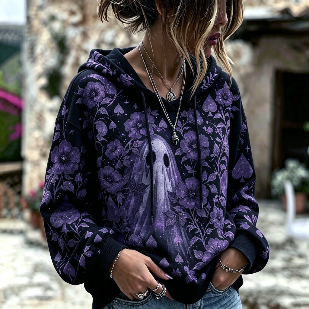 Women's Bohemian Halloween Ghost And Floral Print Hoodie
