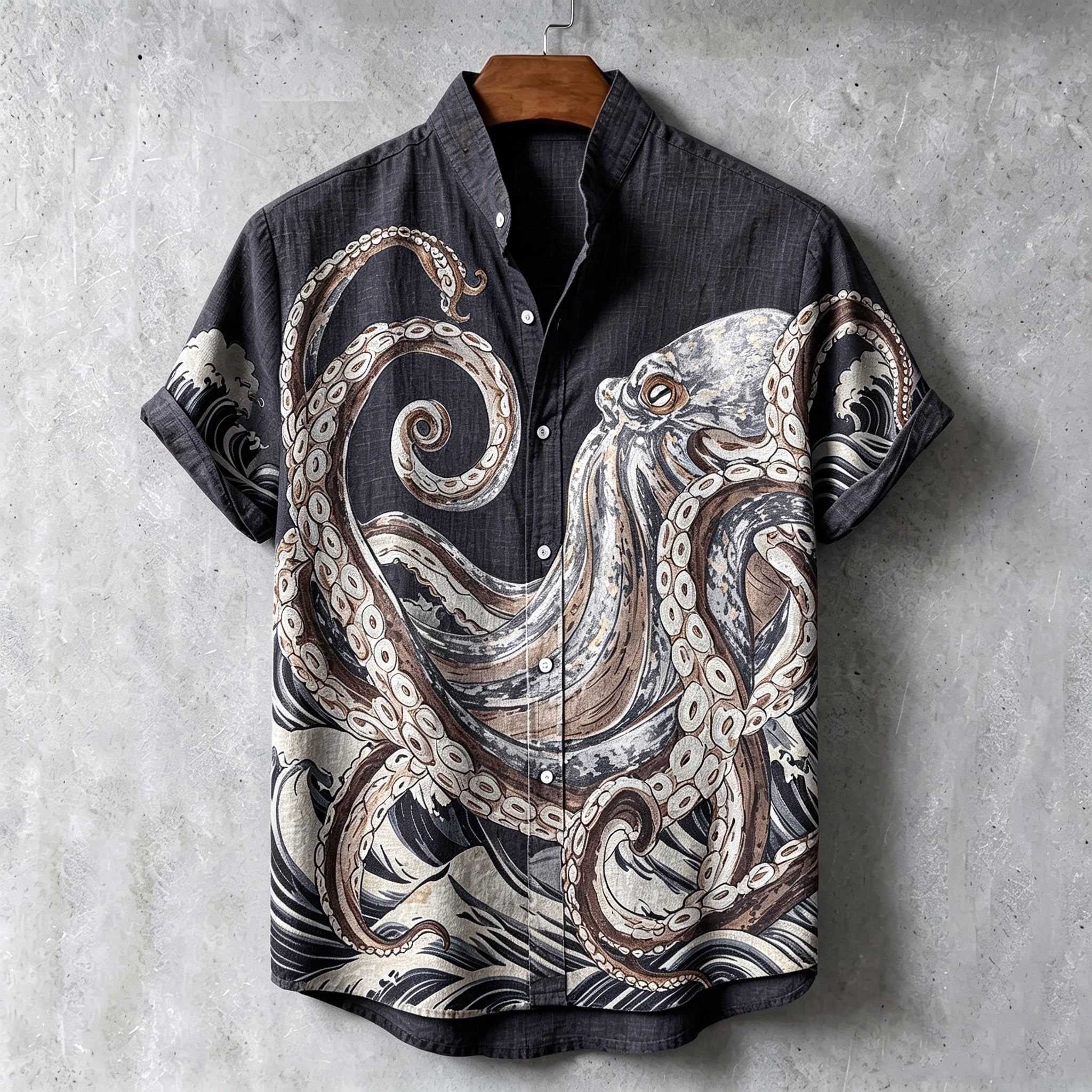 Men's Retro Japanese Art Octopus Print Cotton Linen Short-sleeve Shirt