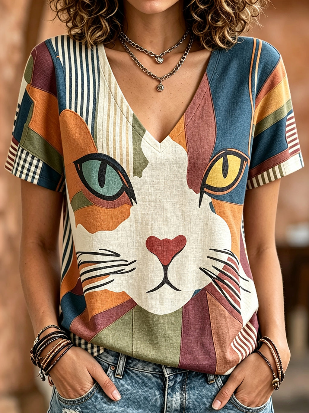 Women's Vintage Hippie Cat Art Print V Neck Linen Blend Short Sleeve Tops