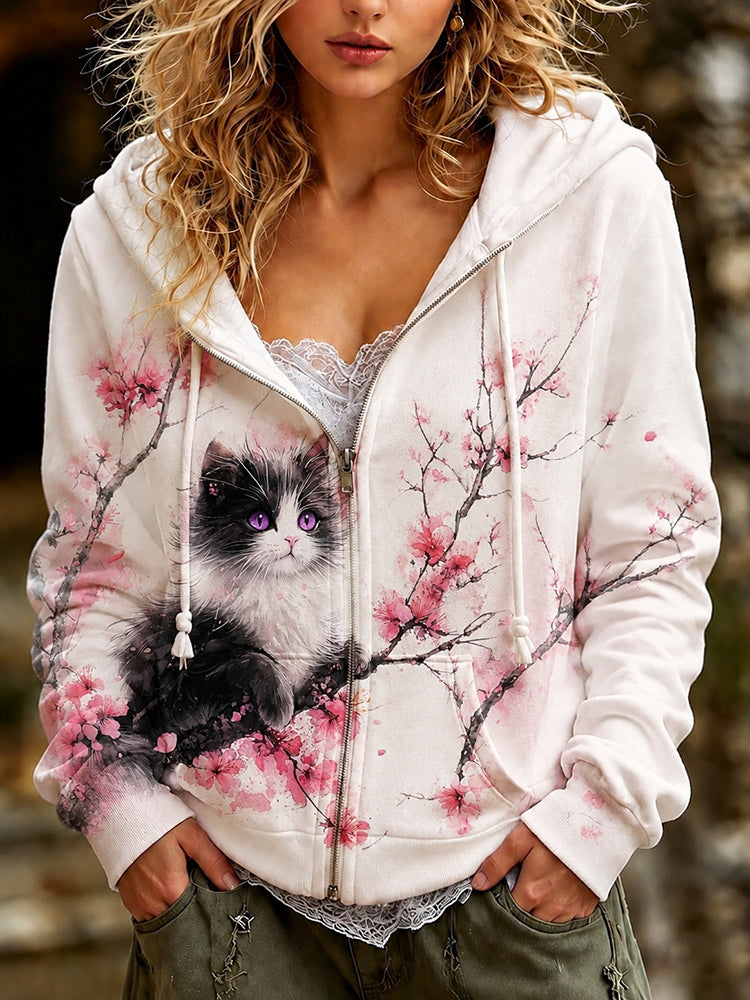 Women's Cute Cat And Floral Pattern Art Casual Zip Up Hoodie