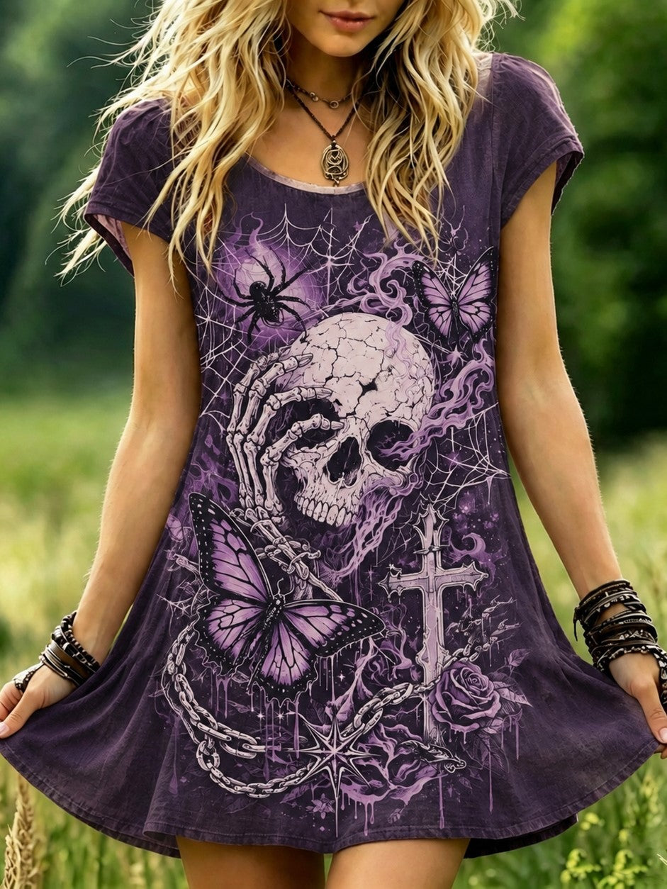 Women's Bohemian Halloween Dress With Skull, Butterfly, And Cross Prints