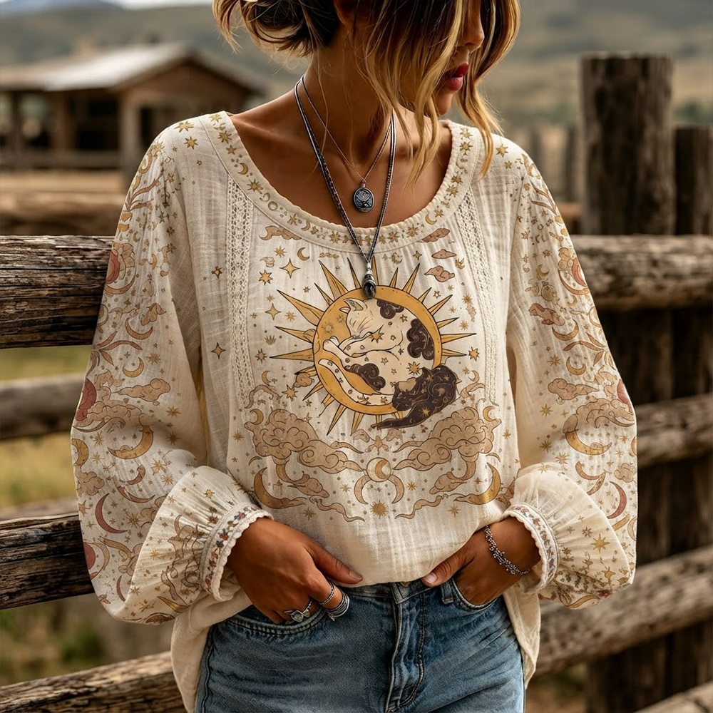 Women's Boho Celestial Cat And Sun Print Long Sleeve Blouse