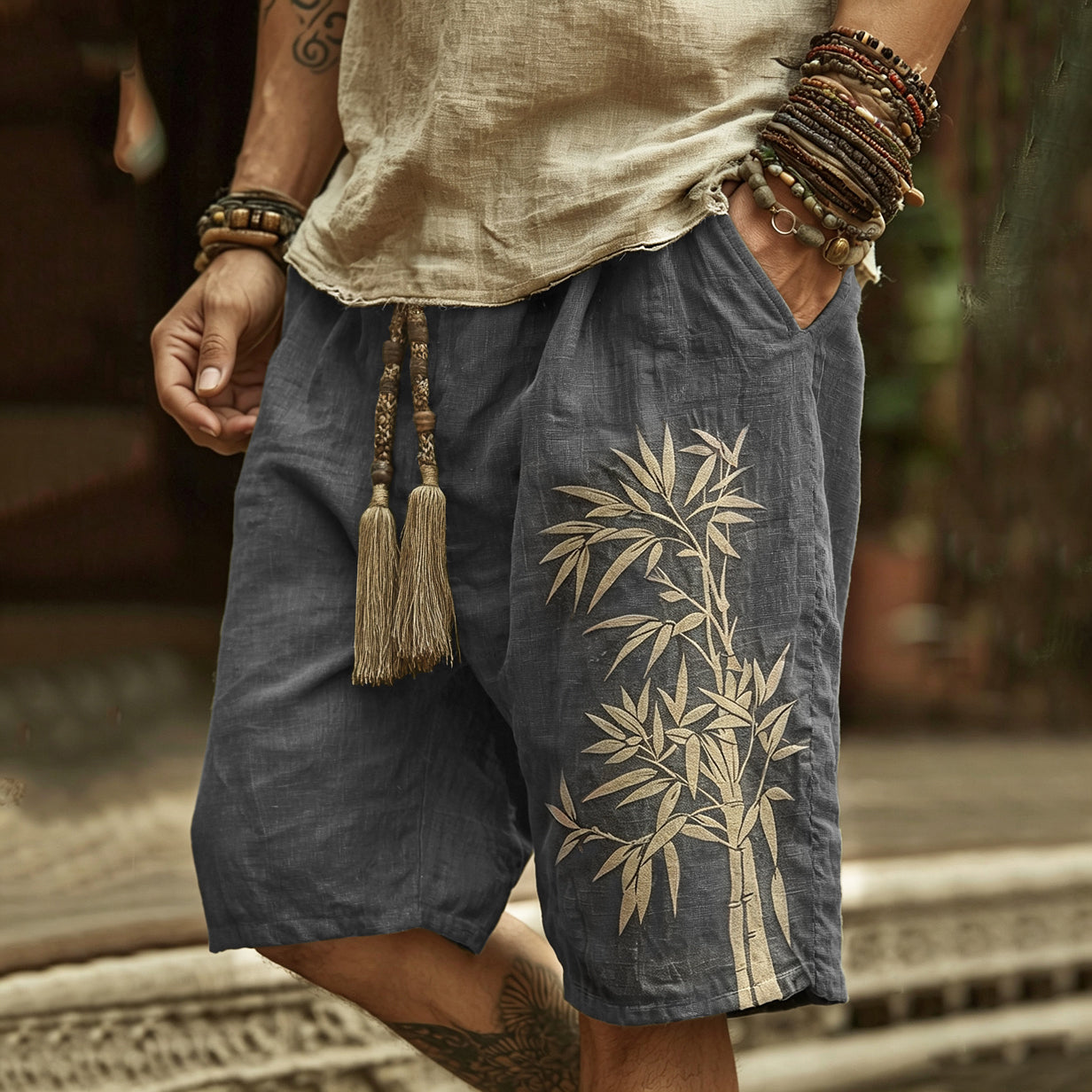 Japanese Bamboo Art Print Linen Blend Casual Shorts