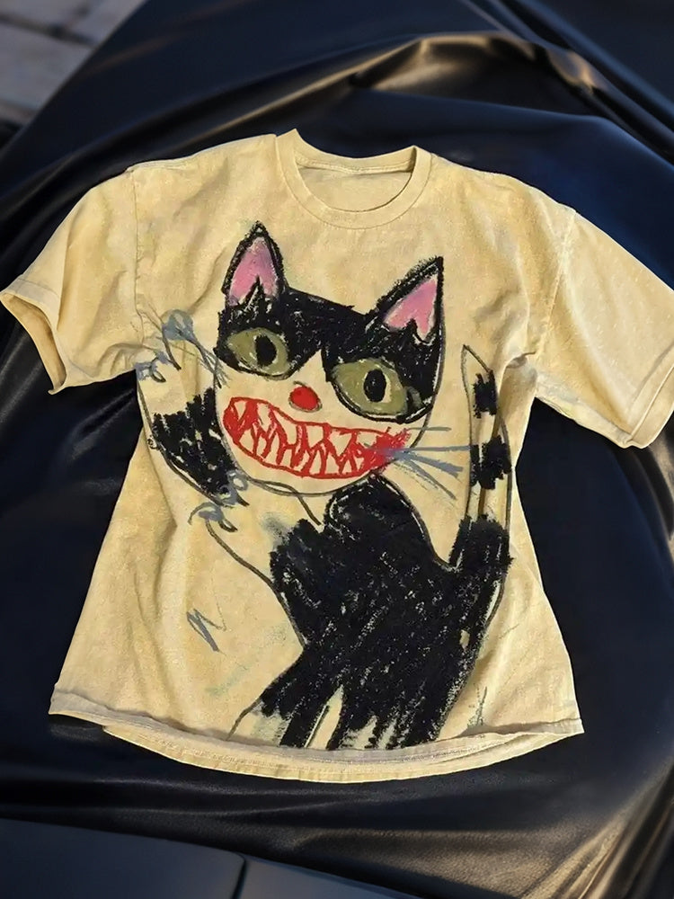 Women's Horror Cat Crayon Art Print Short Sleeve T-shirt