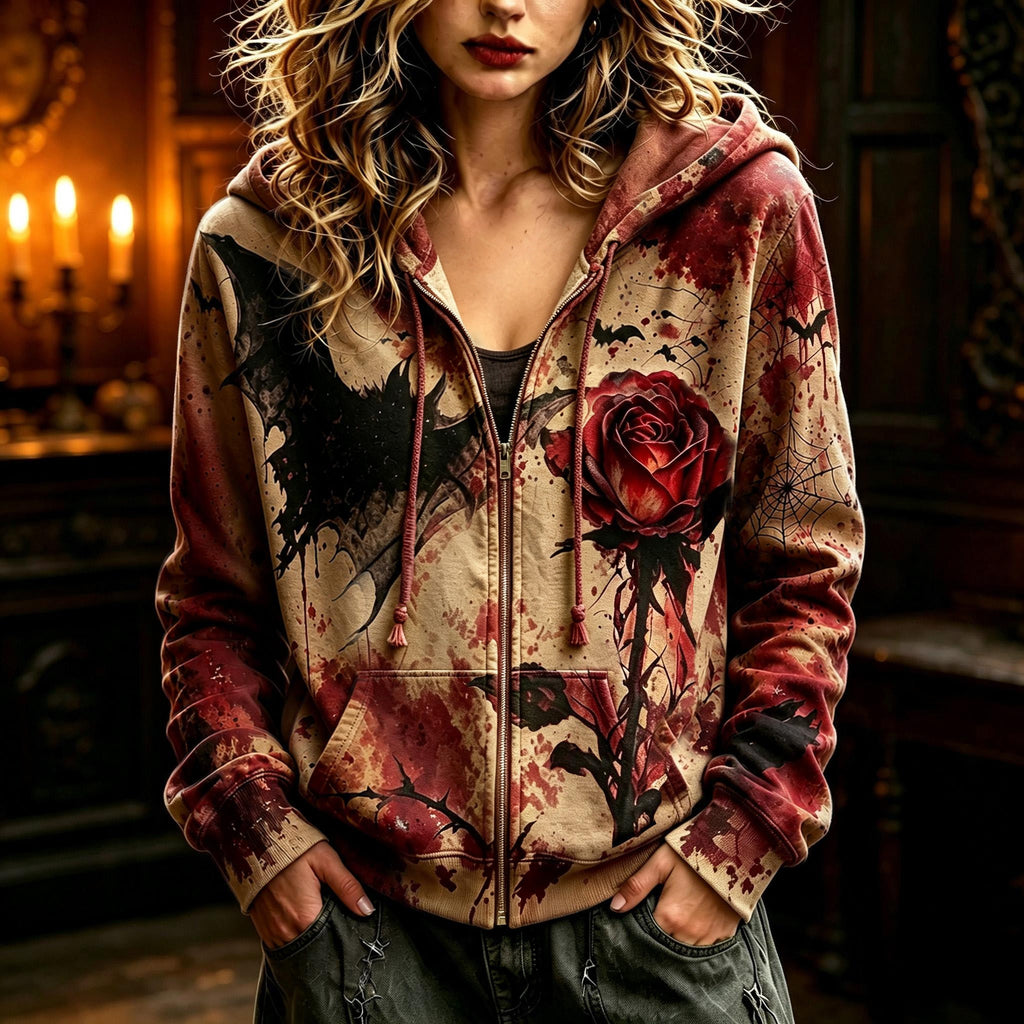 Women's Retro Halloween Bat And Rose Print Sweatshirt Jacket