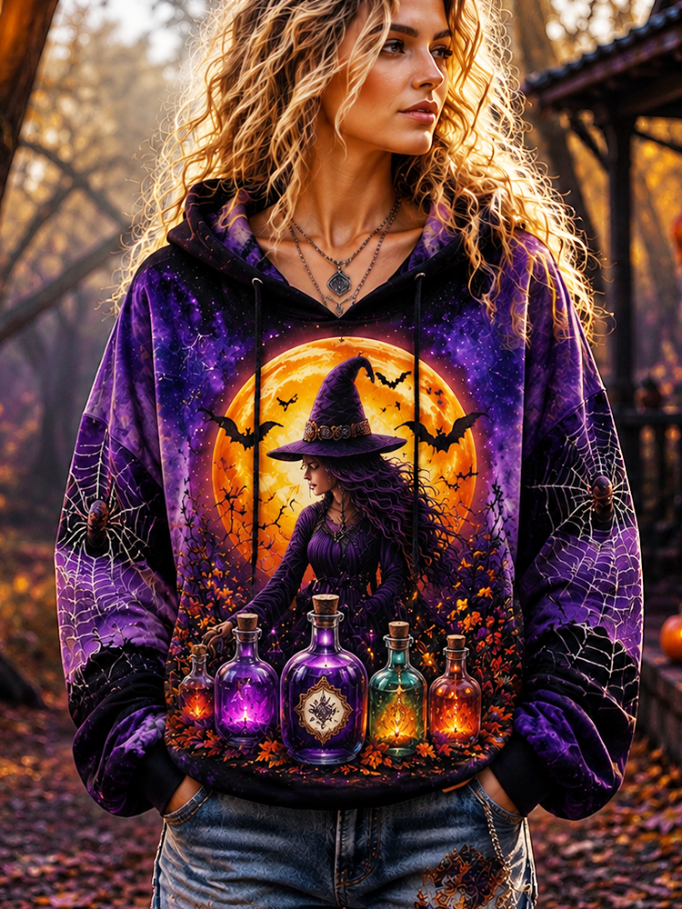 Women's Purple Tie-dye Hoodie With Witch, Full Moon, Bats, Spider Webs, And Potion Bottles Print