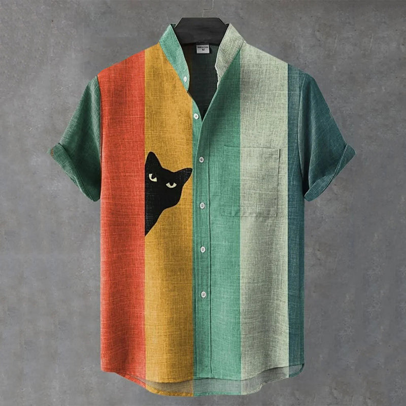 Men's Vintage Black Cat Contrast Stripes Art Short Sleeve Shirt