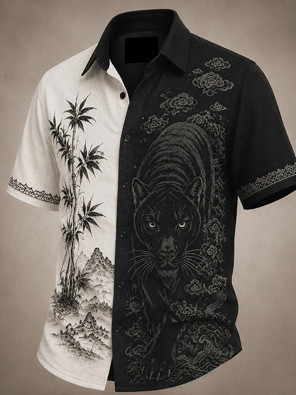 Men's Black Panther And Landscape Japanese Art Print Casual Shirt