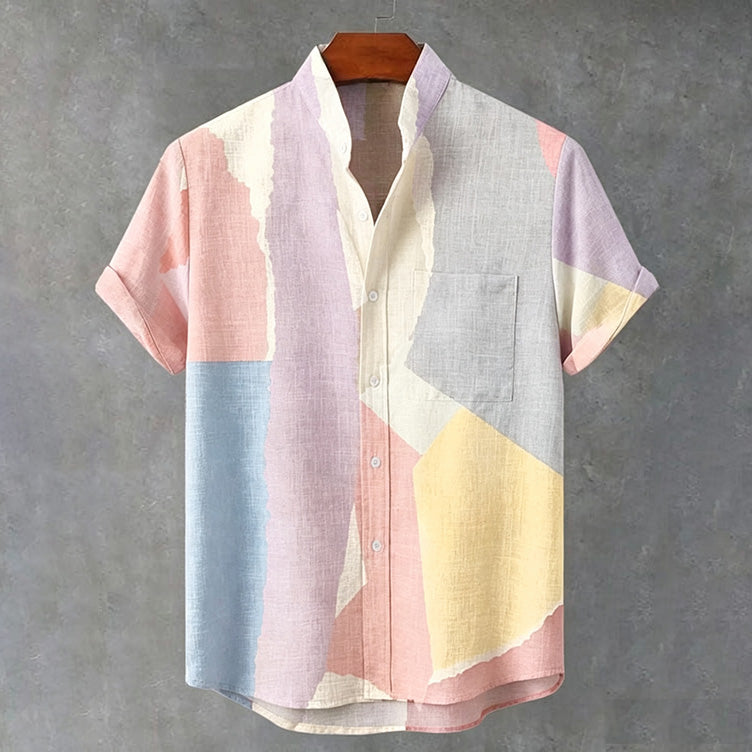 Men's Geometric Color Block Abstract Art Print Linen Blend Short-sleeve Shirt
