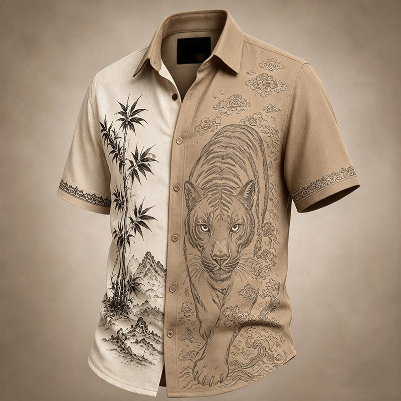 Men's Black Panther And Landscape Japanese Art Print Casual Shirt