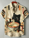 Men's Japanese Ukiyo-e Print Black Cat Eating Ramen Print Casual Loose Short-sleeve Shirt