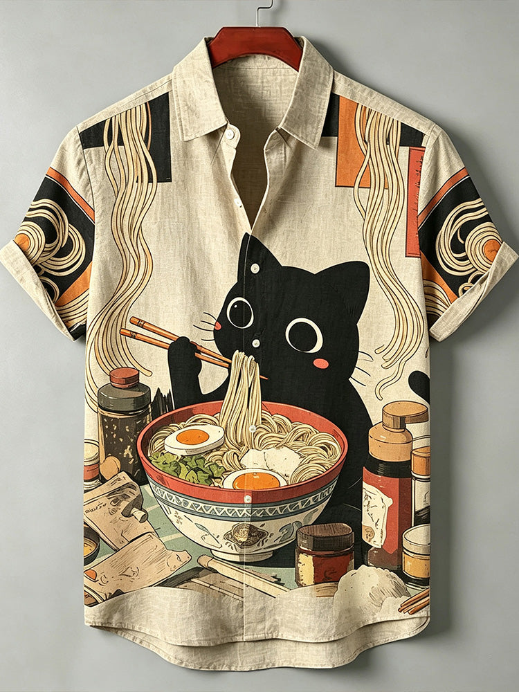 Men's Japanese Ukiyo-e Print Black Cat Eating Ramen Print Casual Loose Short-sleeve Shirt