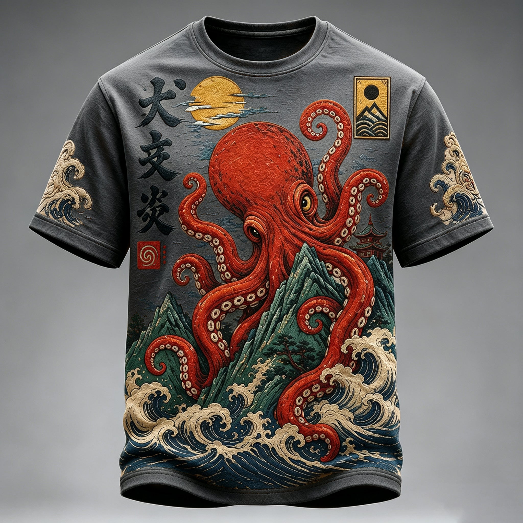 Men's Vintage Japanese Octopus And Wave Art Print Crew Neck Short Sleeve Casual T-shirt