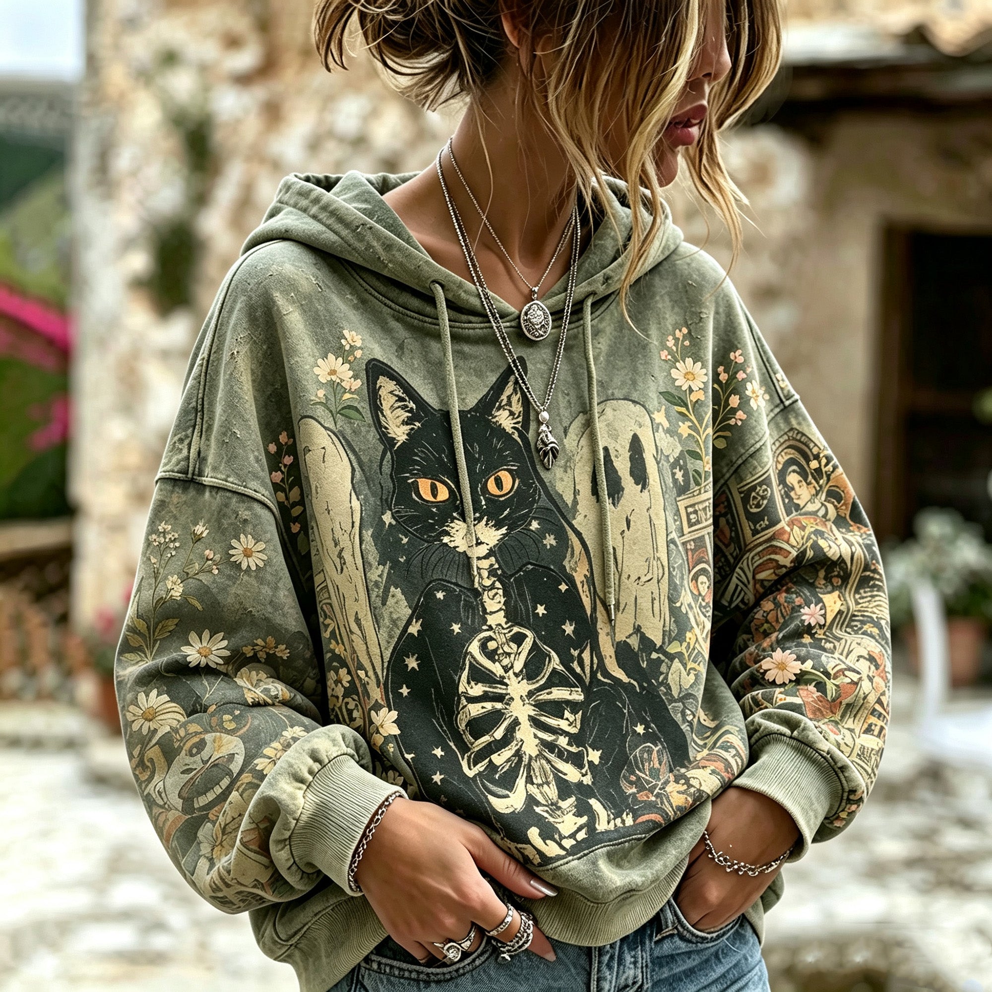Vintage Washed Halloween Skeleton Black Cat Ghost Floral Print Hooded Sweatshirt