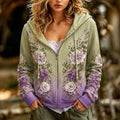 Women's Retro Bohemian Floral Print Casual Zipper Hooded