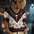Women's Gothic Skull, Spiderweb, Black Cat And Pumpkin Short Sleeve T-shirt