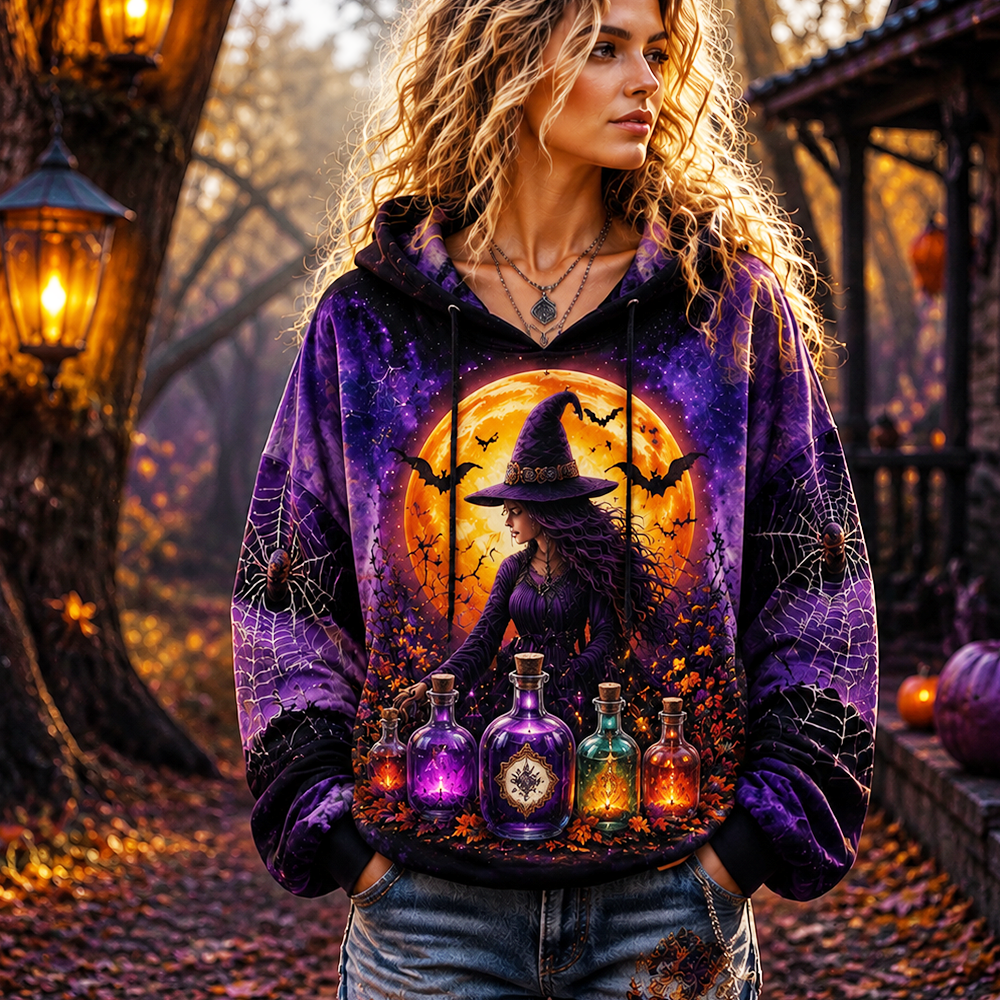 Women's Purple Tie-dye Hoodie With Witch, Full Moon, Bats, Spider Webs, And Potion Bottles Print