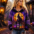 Women's Purple Tie-dye Hoodie With Witch, Full Moon, Bats, Spider Webs, And Potion Bottles Print