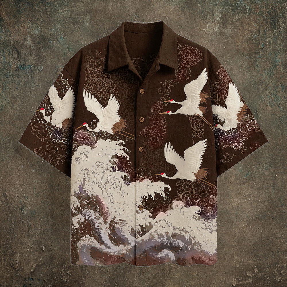 Japanese Wave & Crane Men's Casual Linen Short Sleeve Shirt
