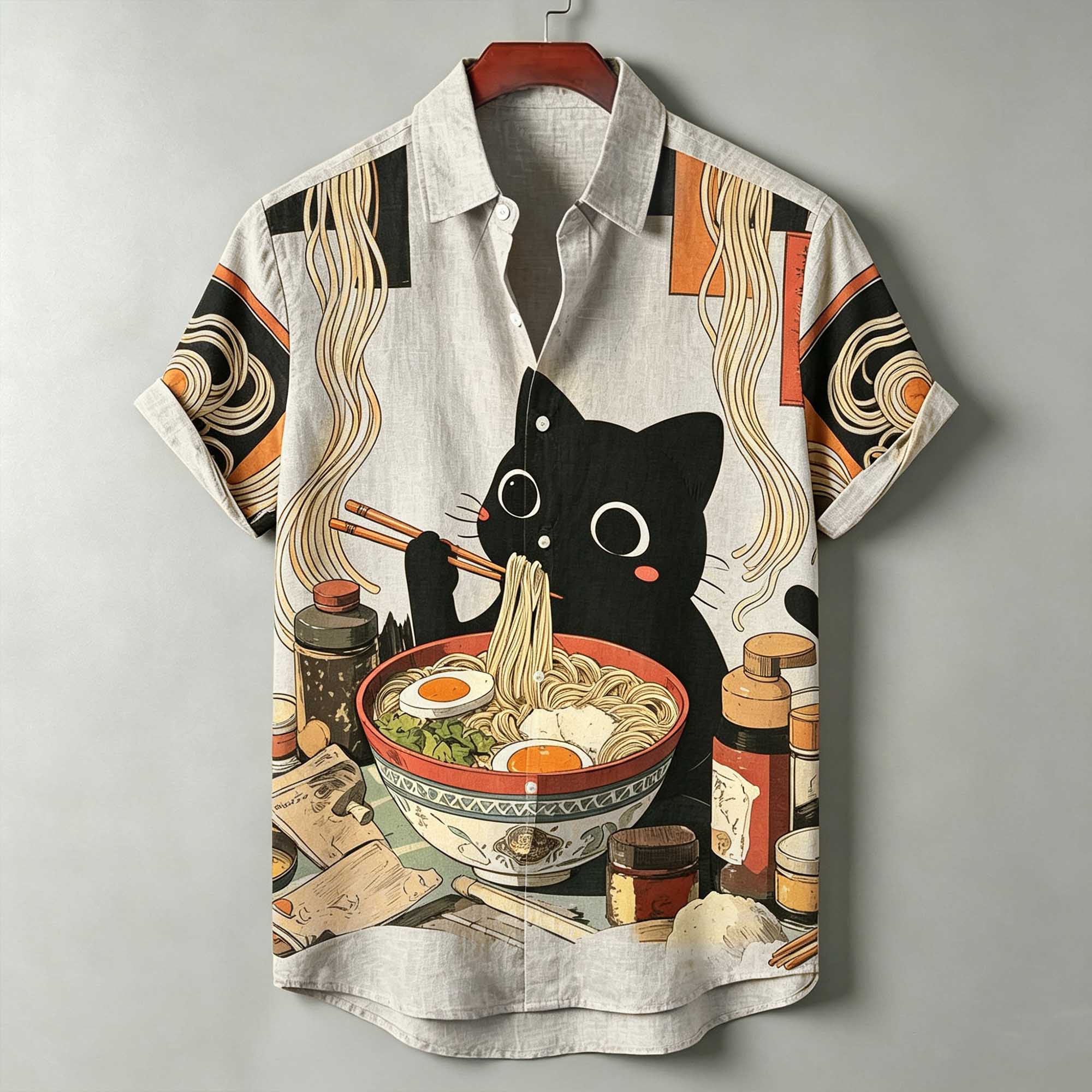 Men's Japanese Ukiyo-e Print Black Cat Eating Ramen Print Casual Loose Short-sleeve Shirt