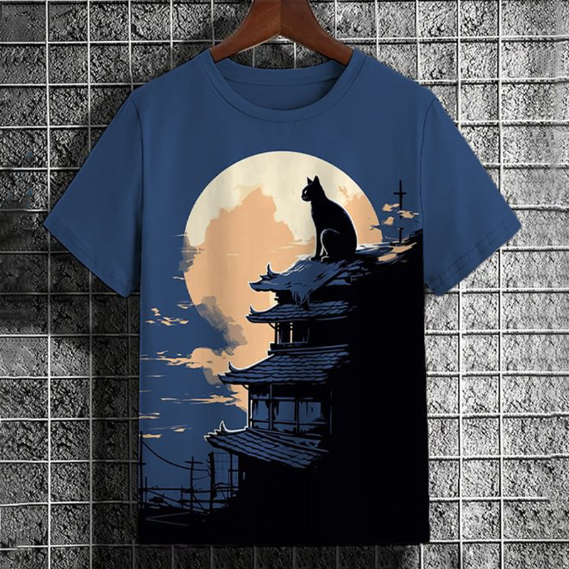 Men's Full Moon Roof Black Cat Japanese Art Print T-Shirt