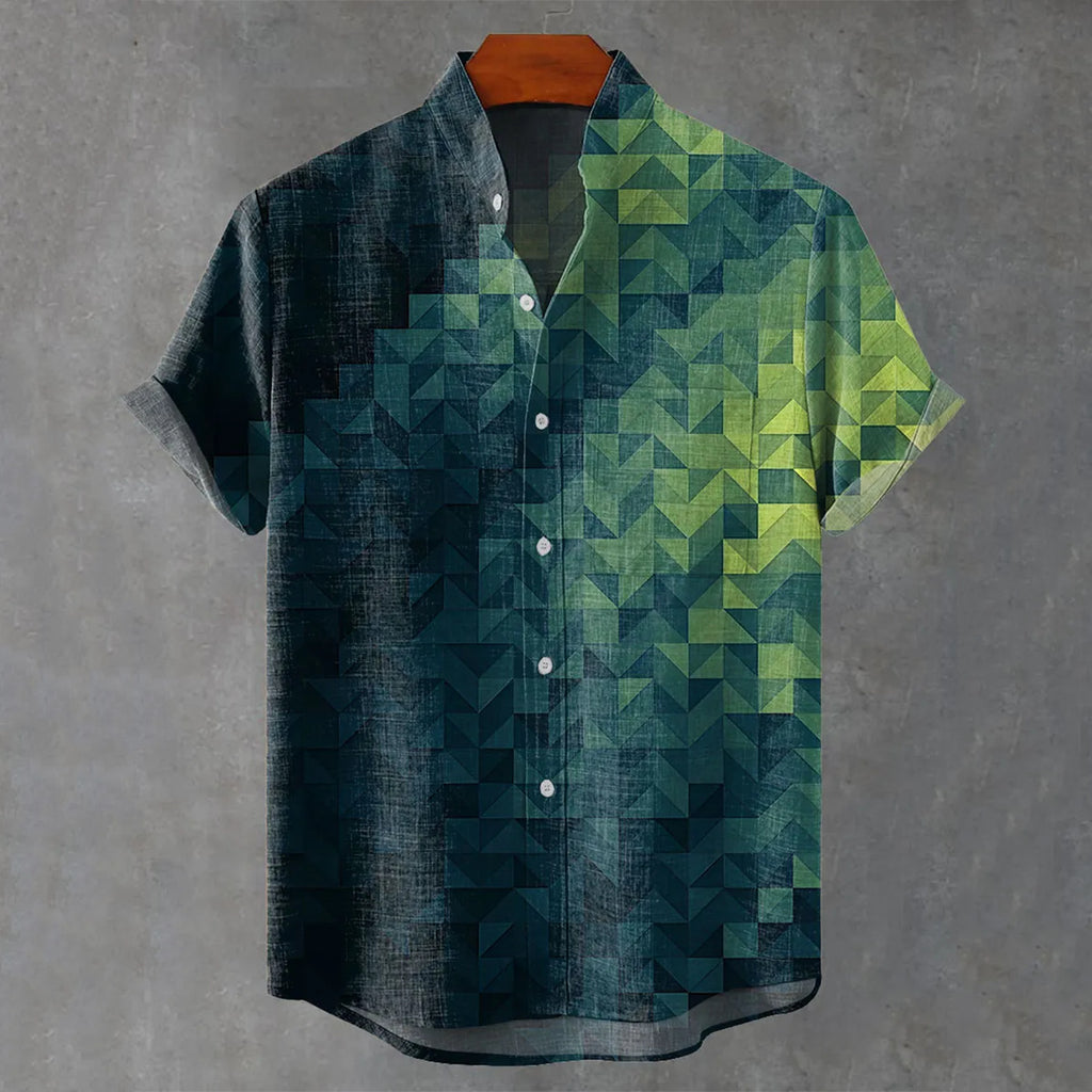 Men's Vintage Green Geometric Gradient Print Linen Blend Short-sleeve Shirt