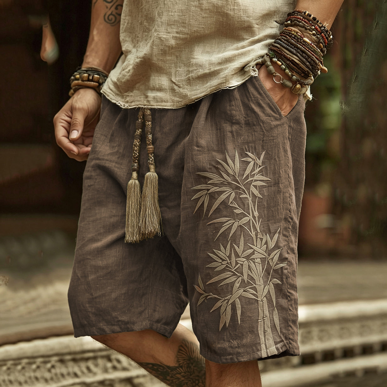 Japanese Bamboo Art Print Linen Blend Casual Shorts