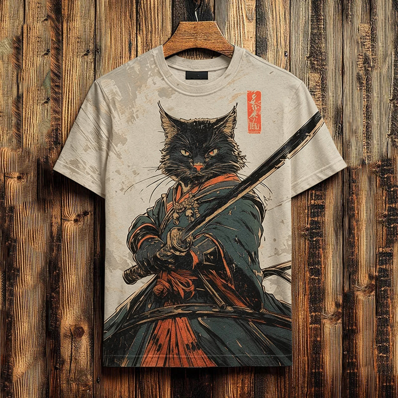 Men's Black Cat Samurai Japanese Art Print Casual T-shirt