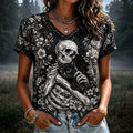 Women's Retro Bohemian Halloween Skull And Cat Print T-shirt