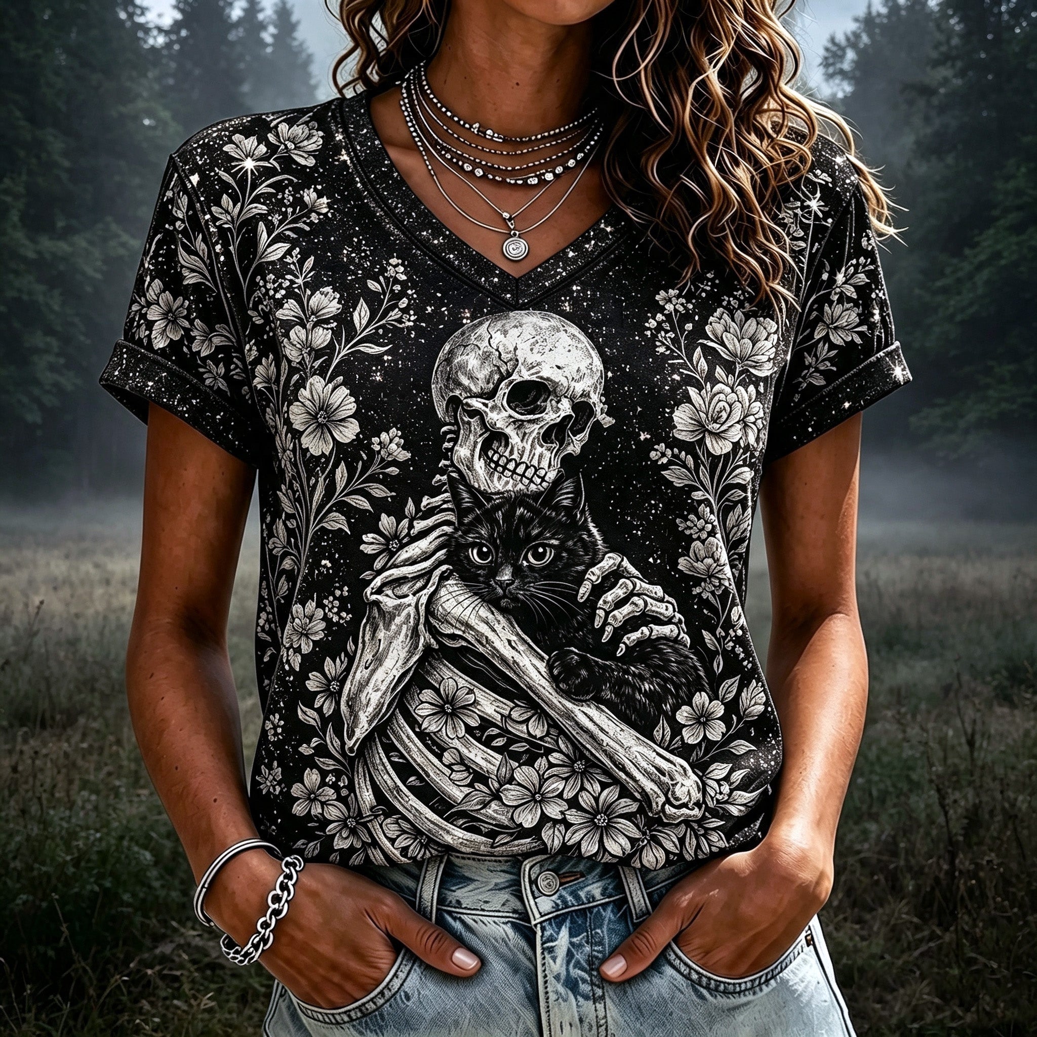 Women's Retro Bohemian Halloween Skull And Cat Print T-shirt