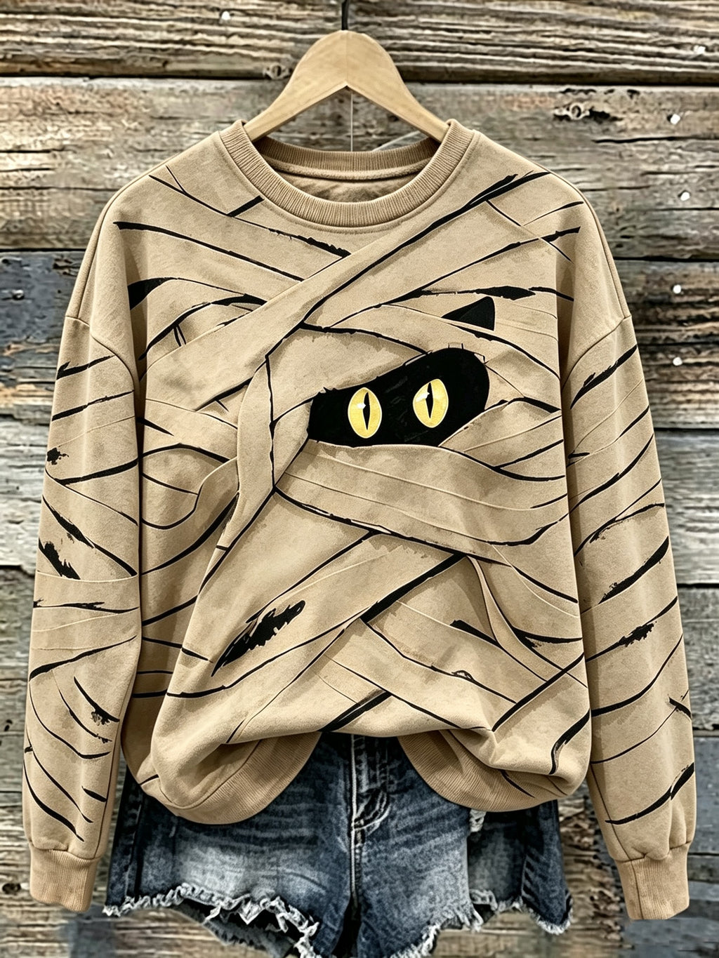 Women's Halloween Cute Mummy Black Cat Cartoon Style Print Casual Sweatshirt