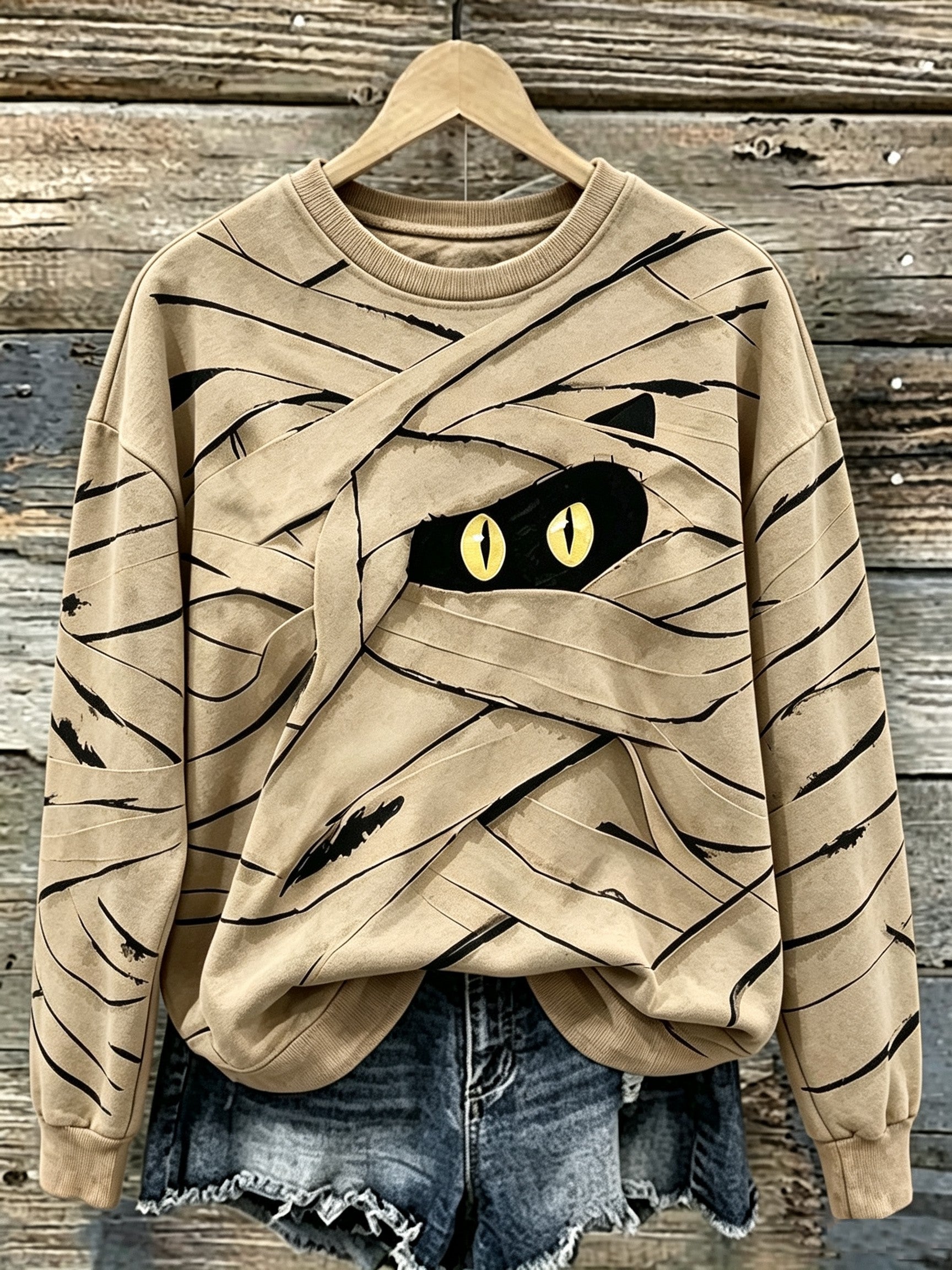 Women's Halloween Cute Mummy Black Cat Cartoon Style Print Casual Sweatshirt