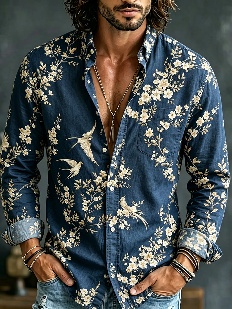Men's Retro Vacation Floral Bird Cotton Linen Long-sleeved Shirt