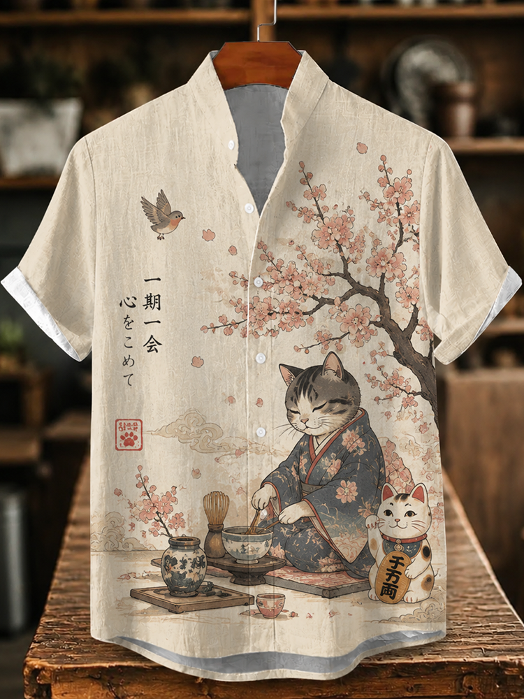 Men's Cute Japanese Kimono Cat Tea Ceremony Print Short Sleeve Linen Shirt
