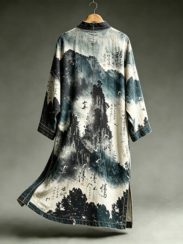 Vintage Chinese Ink Mountain Calligraphy Linen Long Kimono Cardigan