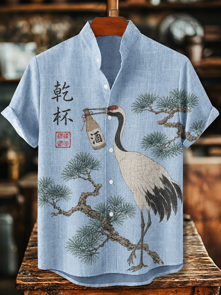 Men's Classic Japanese Red-crowned Crane And Pine Tree Print Short Sleeve Linen Shirt