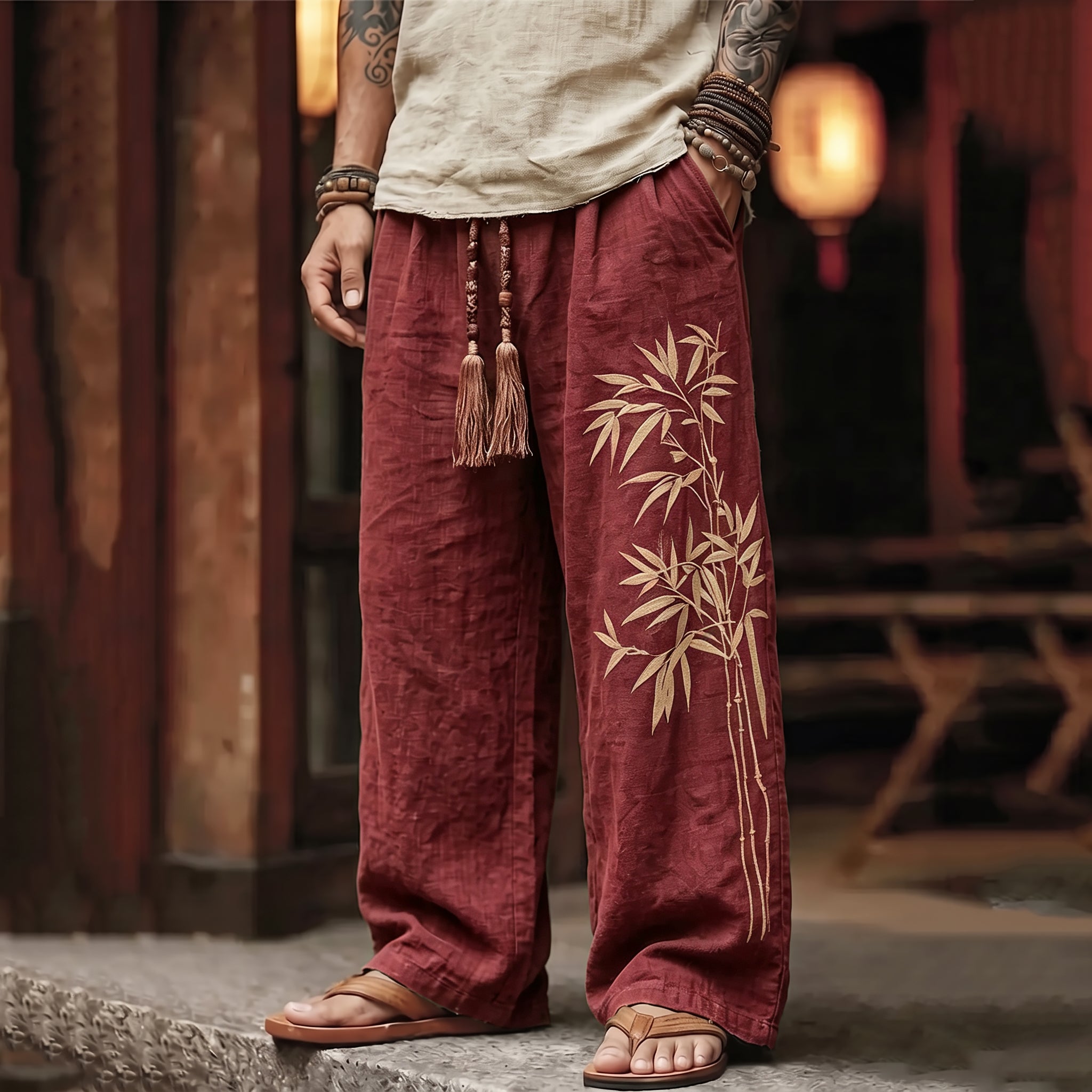 Men's Vintage Japanese Bamboo Art Print Linen Blend Pants