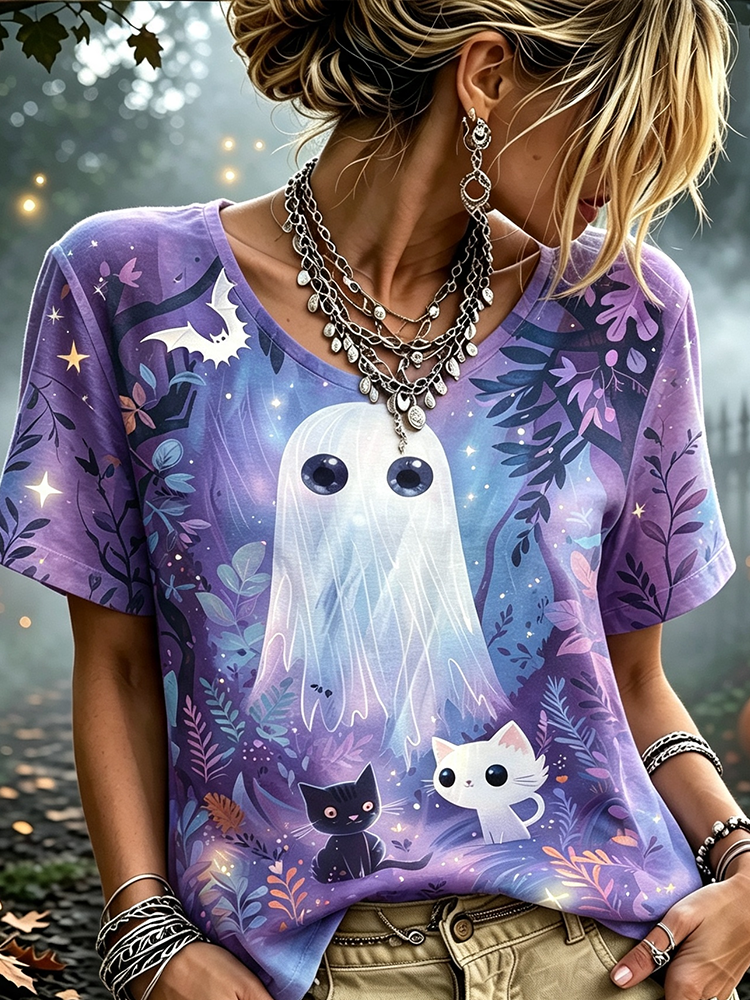 Women's Cute Ghost & Cat Graphic T-shirt - Halloween Spooky V-neck Short Sleeve Tee