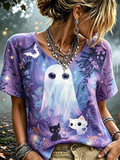 Women's Cute Ghost & Cat Graphic T-shirt - Halloween Spooky V-neck Short Sleeve Tee