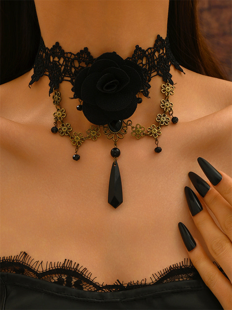 Vintage Gothic Black Rose Floral Lace Choker