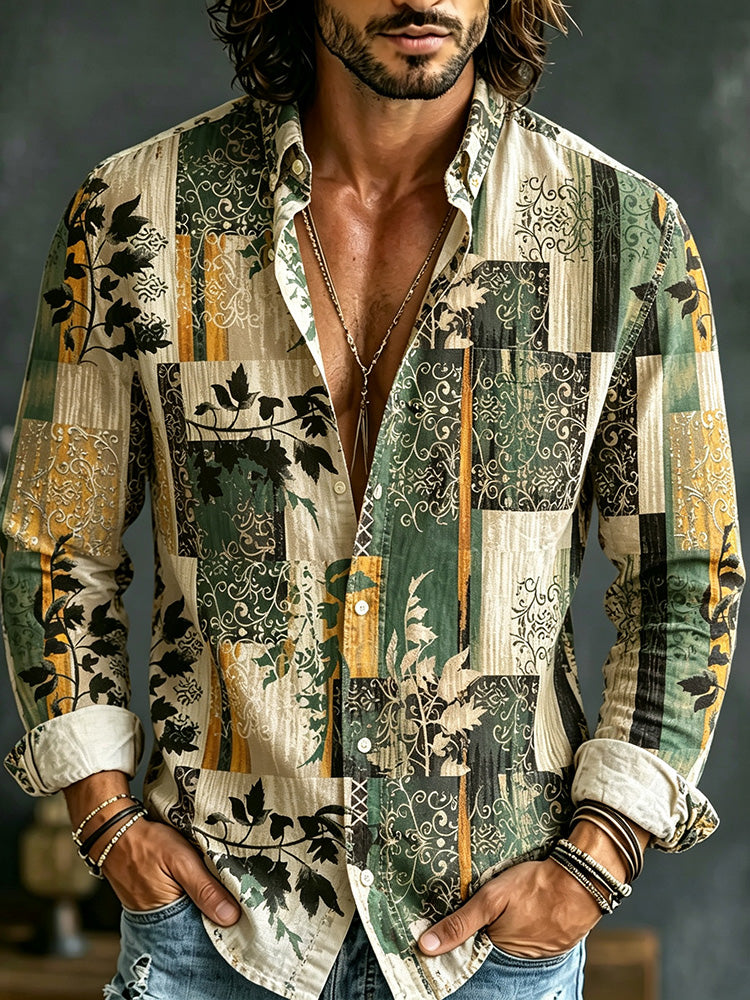 Men's Retro Vacation Color Block Leaf And Floral Cotton Linen Long-sleeved Shirt