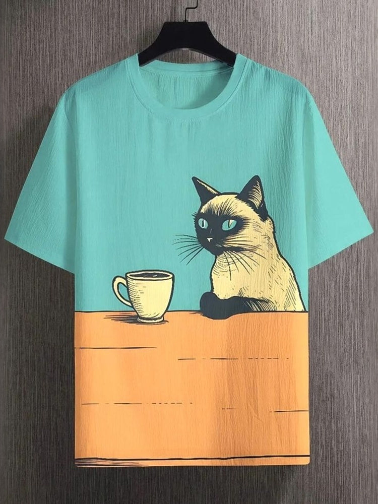 Vintage Cute Cat Patchwork Art Print Casual T-shirt