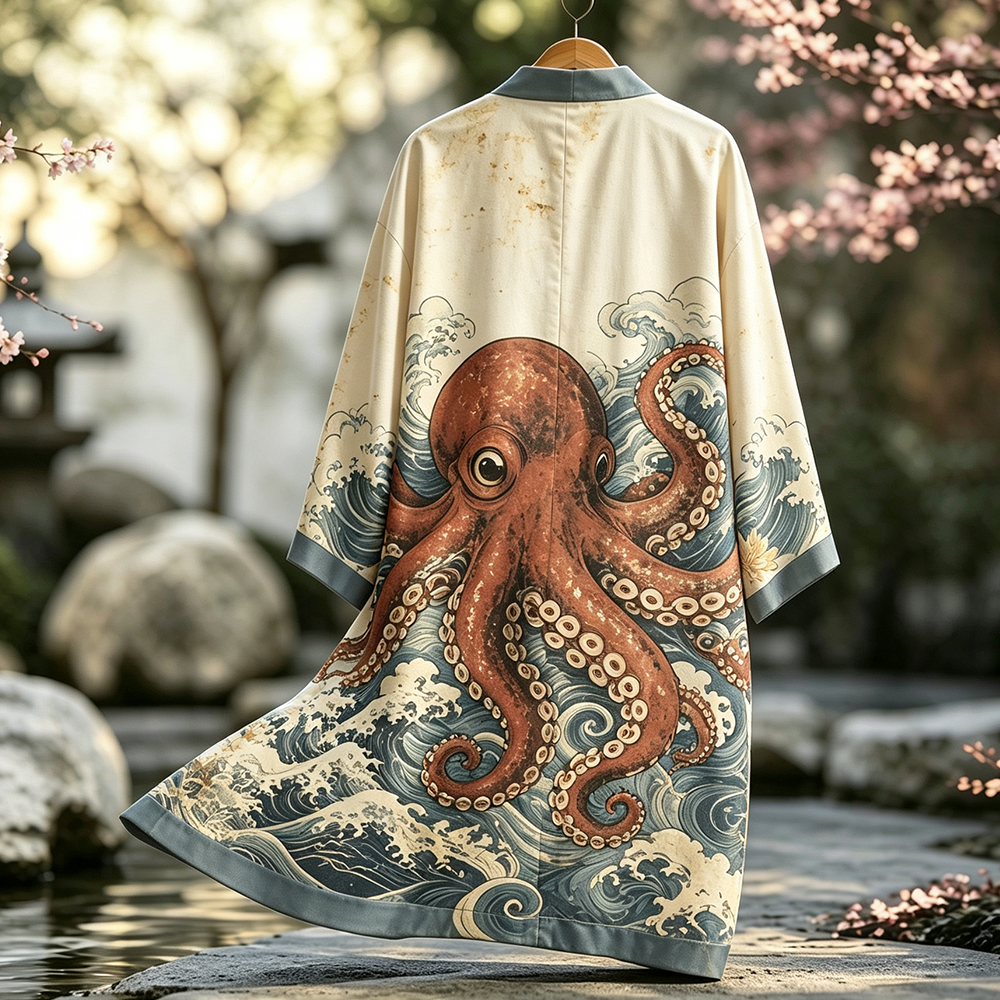 Men's Japanese-style Kimono Cardigan With Giant Octopus And Great Wave Graphic Print