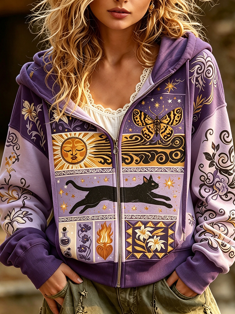 Women's Full-zip Hoodie Sweatshirt With Bohemian Sun, Butterfly, Black Cat, And Floral Patchwork Print