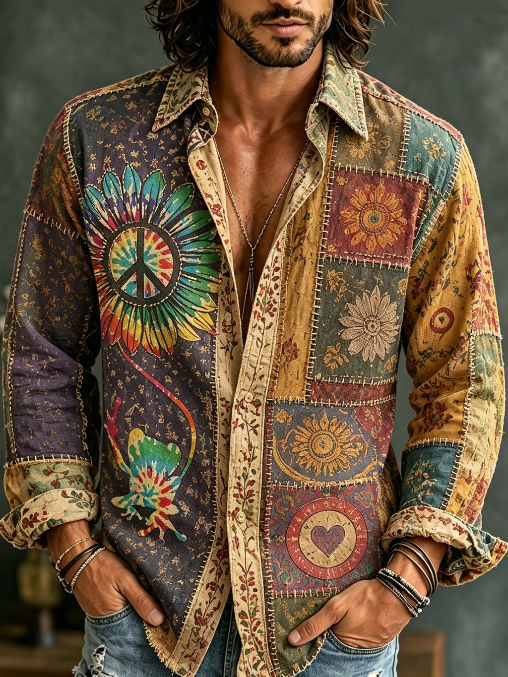 Men's Retro Bohemian Hippie Style Floral Patchwork Print Shirt