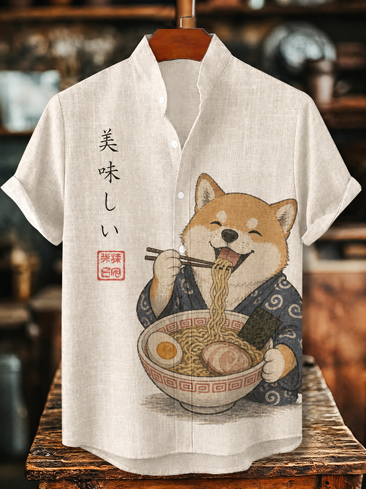 Men's Funny Shiba Inu Eating Ramen Noodles Japanese Art Print Short Sleeve Linen Shirt