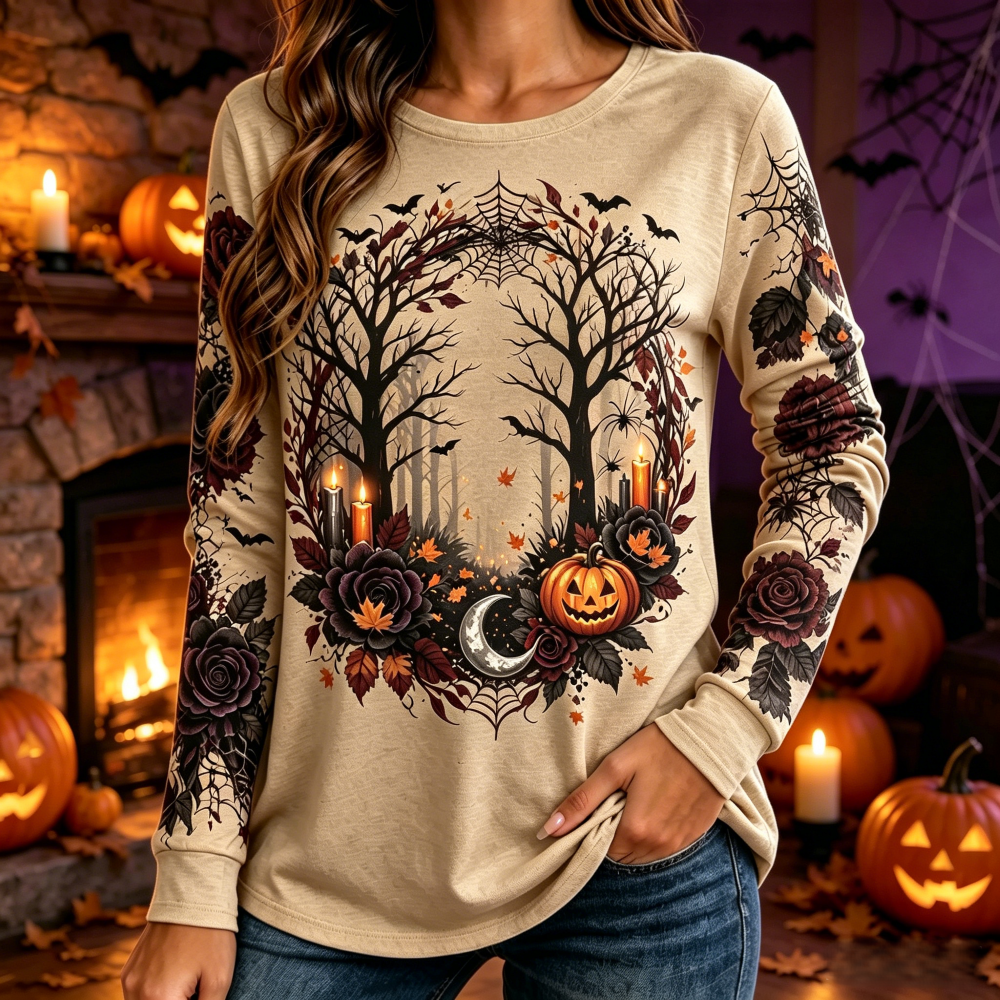 Women's Halloween Spooky Pumpkin And Rose Print Long-sleeve Casual Sweatshirt