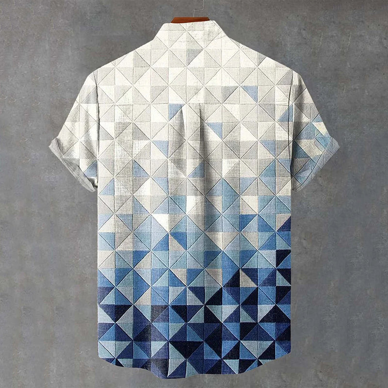 Vintage Blue Gradient Geometric Grid Print Casual Cotton Shirt