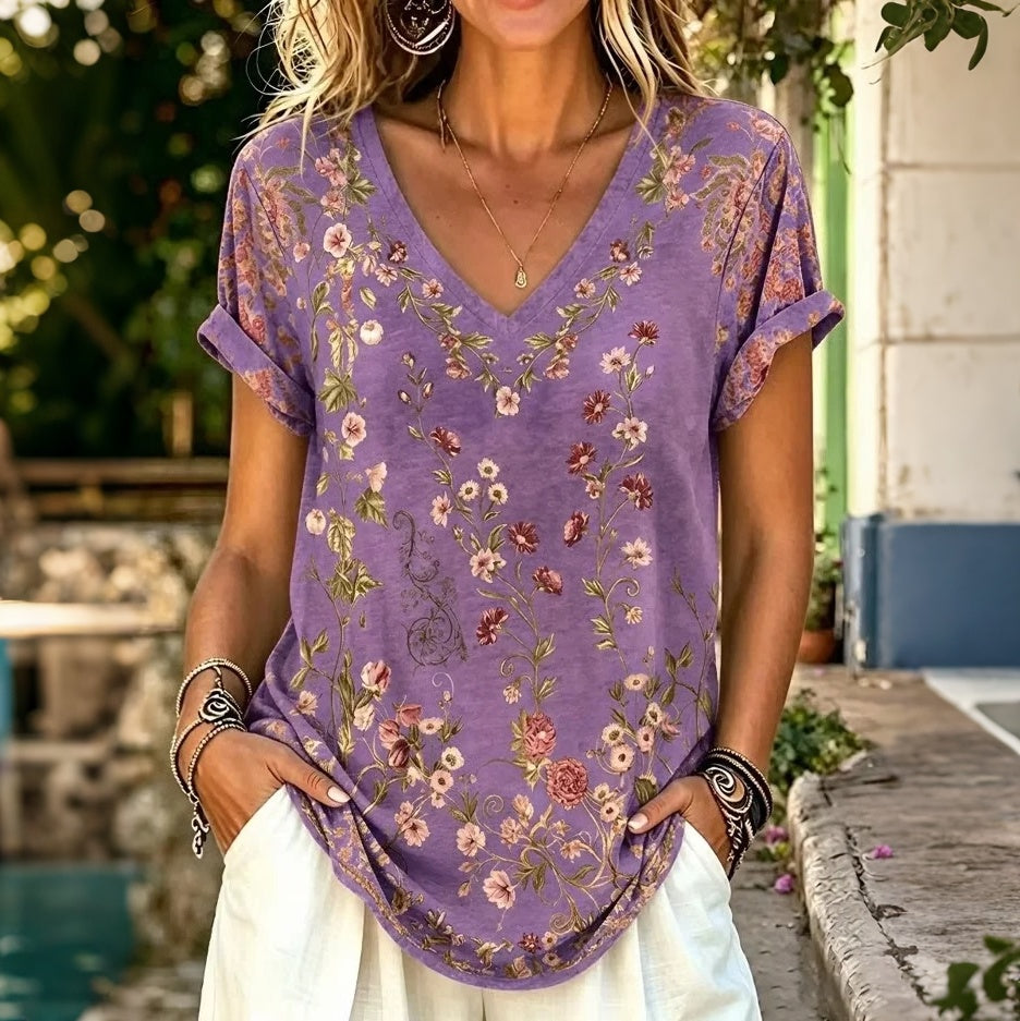 Women's Retro Floral Art Print V-neck Short Sleeve T-shirt