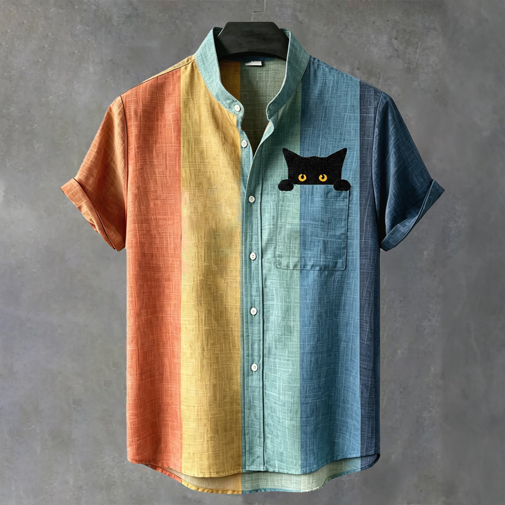 Men's Vintage Peeking Black Cat Contrast Stripes Art Casual Shirt